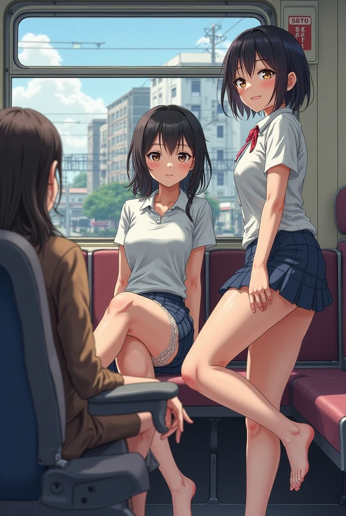highest quality、Highest quality、Realistic、Adult women２People sit side by side、Office Suits、Pencil Skirt、mini skirt、White panties、pumps、Company rooftop、Sit on a chair、Open your legs a little、blush、Embarrassed、lure