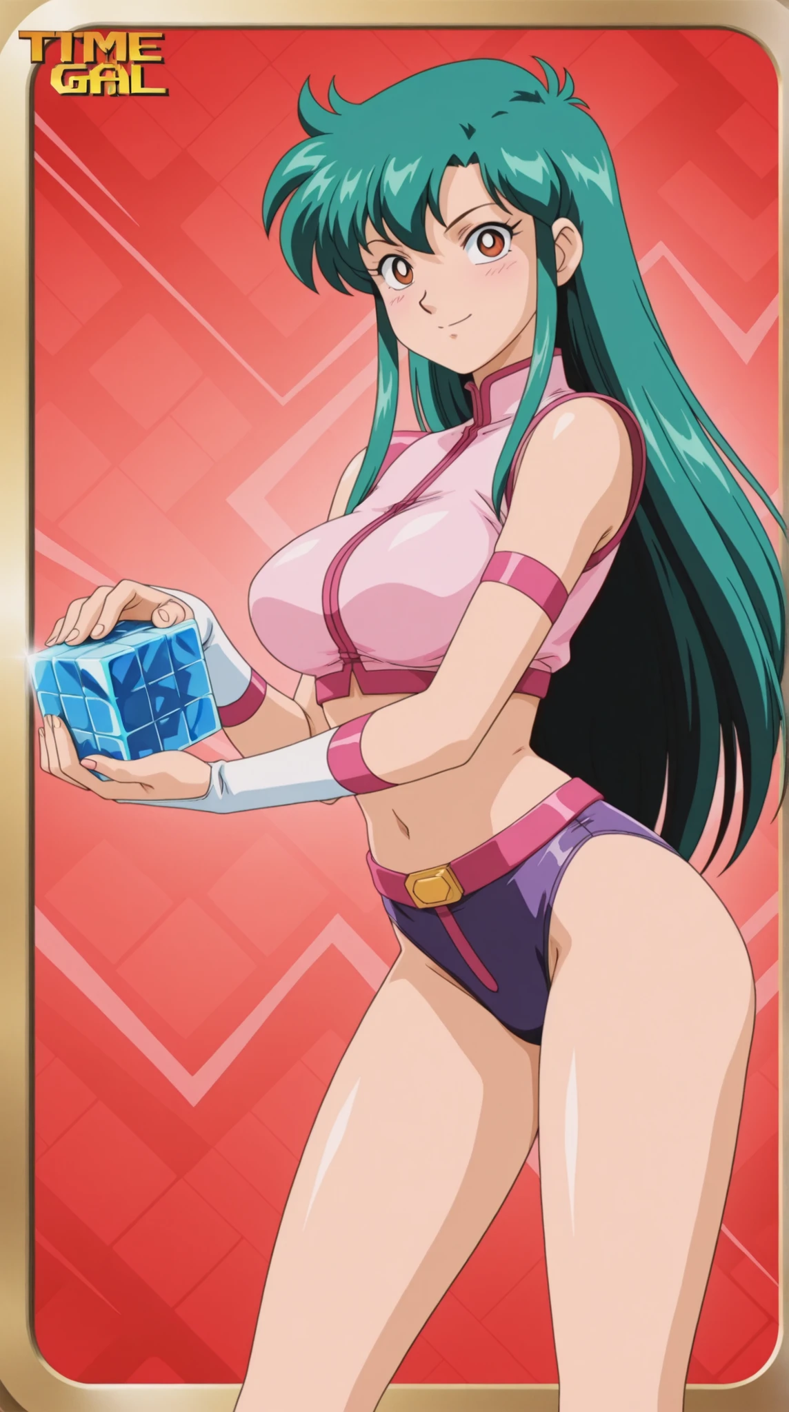 Time Gal with long green hair, holding a Rubic's Cube, in full view in a highly detailed anime style