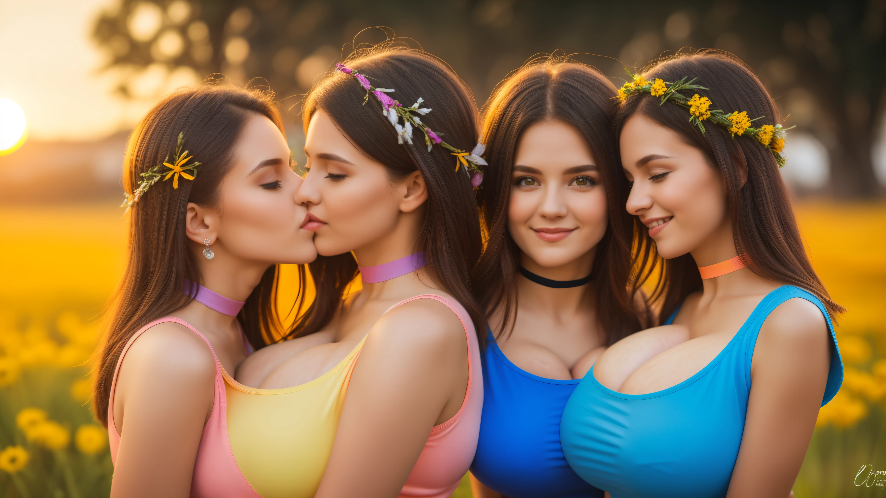 three girls, masterpiece,best qualtiy,hdr, hyper HD, 8K,Bokeh,Ultra-fine painting,Sharp focus,Physically-based rendering,Extreme detail description,portraitures,full-body photo,back turned at viewer, (shag hair), Sexy smile, choker, (summer dress:1.2), (in sunset light:1.2), (kissing:1.2), perfect eyes, perfect hands, perfect body, perfect hair, (Big breasts:1.5), (EOS R8, 50 millimeters, F1.2, 8K, RAW photo:1.2), photograph by arny freytag
