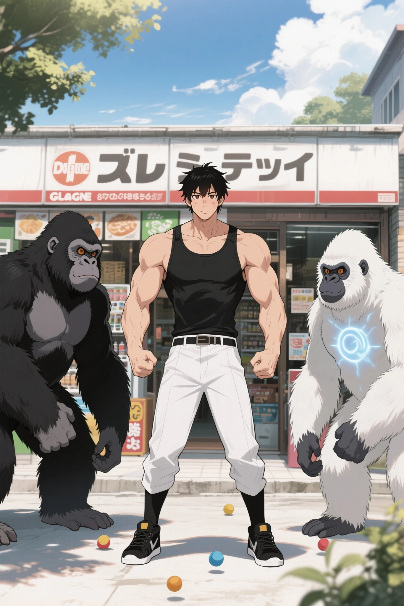 8k Resolution, anime color tone, anime cell shading,Male 1, Gorilla 2, white gorilla and black gorilla on both sides of the man, Goleine, ブラックGoleine, ホワイトGoleine, psychic ability  ,Embodied System, Male 1 is black hair and short hair, and brown eyes, Male 1 wears tank top White bottoms, black shoes, Male 1 is Powerful Biceps, ugly man男とゴリラがメンコで遊んでいる、In front of the dagashi store。Summer Morning、Man swings and knocks menko on the ground