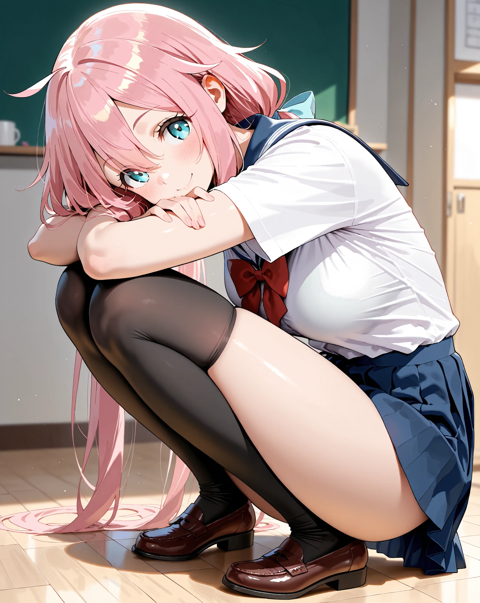 anime, schoolgirl, on all fours, looking at viewer, long hair, wavy hair, pink hair, slender, blouse, underwear, flushed cheeks, in the office, at night, full body shot, from front, moonlight, darkness