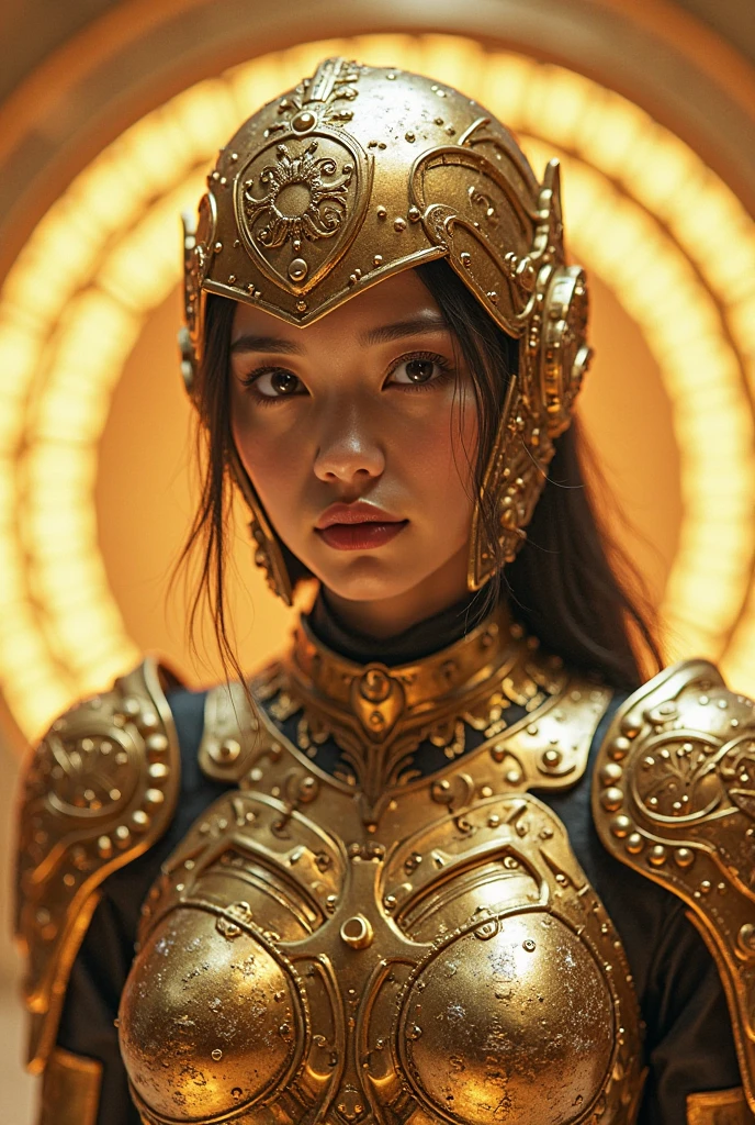 Front_view, Masterpiece, Best quality, Realistic, Raw photo, (1 girl, looking at looker), Long hair, White armor, Intricate armor, Delicate gold and black line pattern, Intricate pattern, Red metal parts, Detail part, Dynamic pose, Detailed background, Dynamic light, Thai art pattern