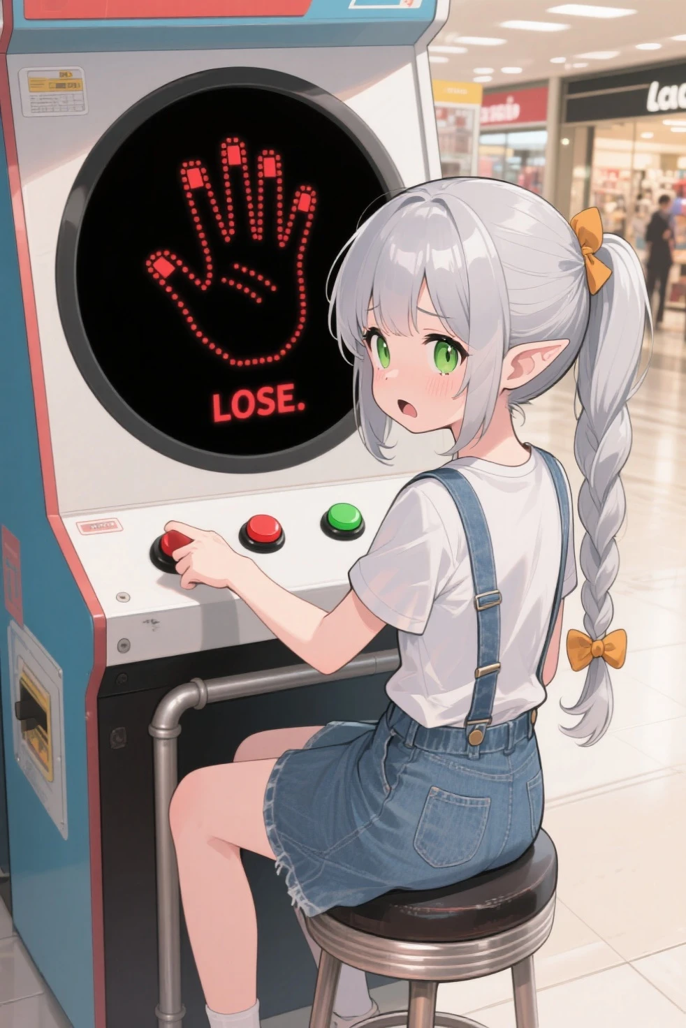 Cute little anime girl. Her face is rounded. Her ears like an elf. Her eyes are large, light green and slightly slanted. Her hair style is side ponytail. The ponytail is braided. The front hair is cut diagonally above the eyes. Hair color is shiny silver. The side ponytail has an amber scrunchie attached. She is wearing a fancy T-shirt and a denim skirt with suspenders. Location: A gaming corner in a shopping mall. She is playing a game of rock-paper-scissors. She sits on a simple stool made of a pipe in front of the machine. There are just only three buttons lined up horizontally on the machine, and she is pressing the leftmost one. On the circle black screen, the outline of an open hand  with fingers apart sign consists of square red dots is appeared. The screen says "LOSE." She looks shocked and sad. The background is drawn in an anime style.