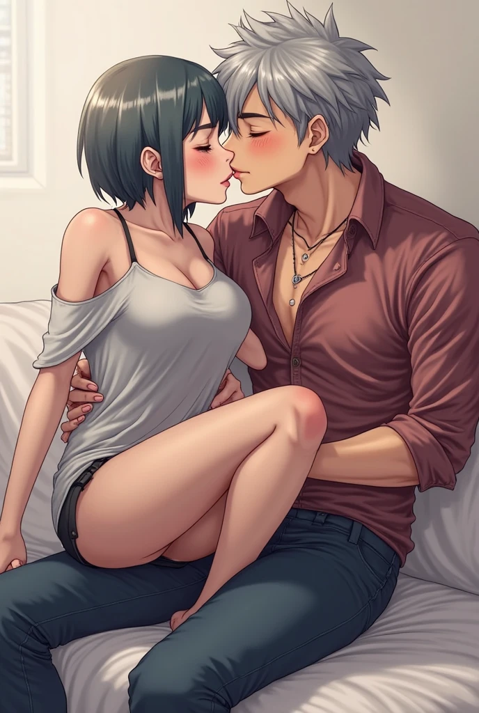 masterpiece, best quality, ultra-detailed, 1girl,1boy, reverse upright straddle, sex, sitting on person, penis, kiss, kazami kazuki, blue eyes, eyes visible through hair, multicolored hair, blue hair, white hair, hair between eyes, silver hair, very long hair, purple eyes, nude, sagging breasts, ideal ratio body proportions, pubic hair, ((huge penis:1.1)), from side, (saliva trail, love juice, pussy juice), ((kissing her face))