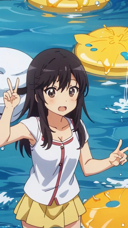 Anime, girl, girl in a swimsuit, girl in a swimsuit with a tube that is inserted into a swimsuit, pees, pees herself, pees with yellow urine, pees into a tube that is inserted into a swimsuit, yellow urine flows from a tube that is inserted into a swimsuit, urine flows into the pool, bright yellow urine dissolves in the pool