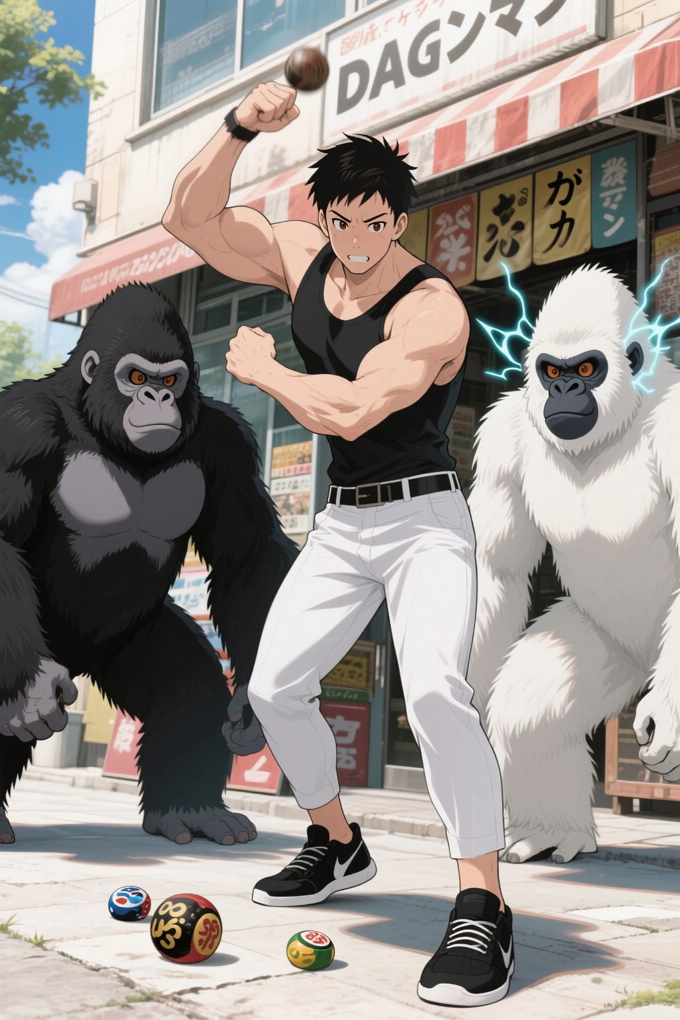8k Resolution, anime color tone, anime cell shading,Male 1, Gorilla 2, white gorilla and black gorilla on both sides of the man, Goleine, ブラックGoleine, ホワイトGoleine, psychic ability  ,Embodied System, Male 1 is black hair and short hair, and brown eyes, Male 1 wears tank top White bottoms, black shoes, Male 1 is Powerful Biceps, ugly man男とゴリラがメンコで遊んでいる、In front of the dagashi store。Summer Morning、Man swings and knocks menko on the ground