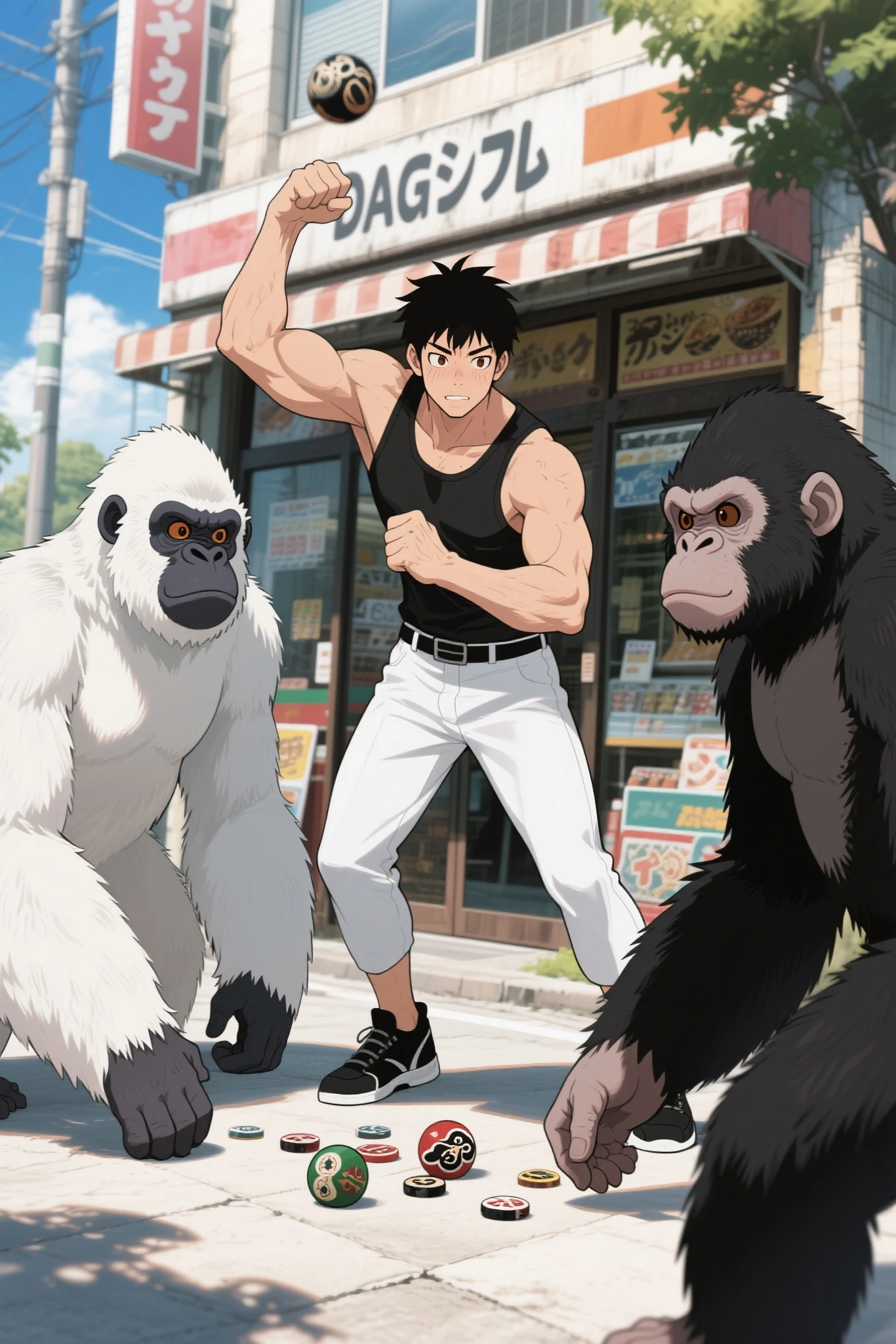 8k Resolution, anime color tone, anime cell shading,Male 1, Gorilla 2, white gorilla and black gorilla on both sides of the man, Goleine, ブラックGoleine, ホワイトGoleine, psychic ability  ,Embodied System, Male 1 is black hair and short hair, and brown eyes, Male 1 wears tank top White bottoms, black shoes, Male 1 is Powerful Biceps, ugly man男とゴリラがメンコで遊んでいる、In front of the dagashi store。Summer Morning、Man swings and knocks menko on the ground