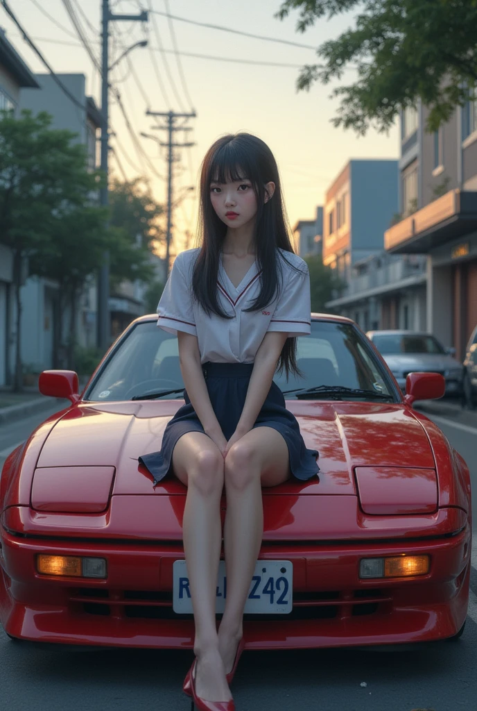 SFW, (Closeup from Crotch to Face) ExtremelyDetailed (SchoolGirl Lean against the Car) Spread Knees Up, perfect face, Brilliant(Tiny Crown), Detailed(Delicate Clothing textures) Sailor Uniform with Red Ribbon (((WhitePanties))), perfect hand (4 fingers and one thumb), Corrected Childish fingers, corrected leg to foot line, ((Starry Colorful Lights at Dusk City))((specular reflection of car body)), ((Hidden Arm) Hidden Feet), TopQuality 8K Ultra-detailed masterpiece (ProfessionalPhoto:1.37)(Acutance:0.8)