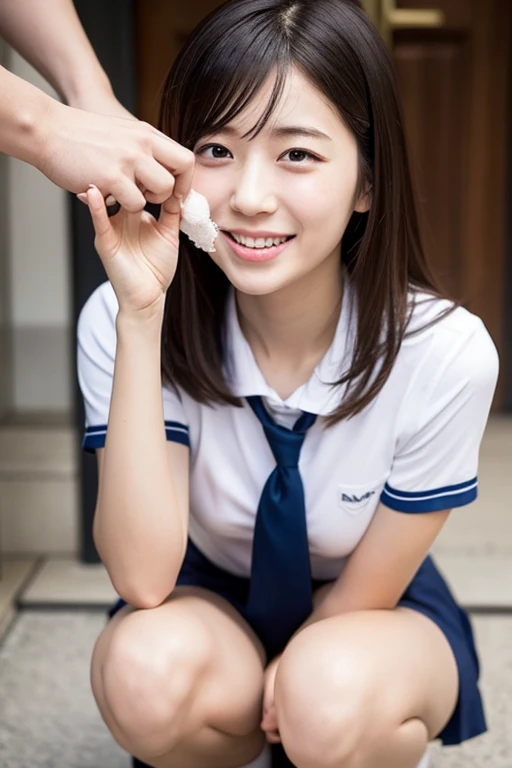 Enhanced Dynamic Perspective,Cute pretty 15 year old beautiful girl,((school uniform, Short sleeve shirt))、((Button gap)), Short pleated skirt、Look at me and smile,Simple back gown,Masterpieces,high quality,4K resolution,Super quality,Thin pubic hair,Accurate,Cinema Lighting,Maintain the original face proportions、(Huge breasts)、(((Massive bukkake)))