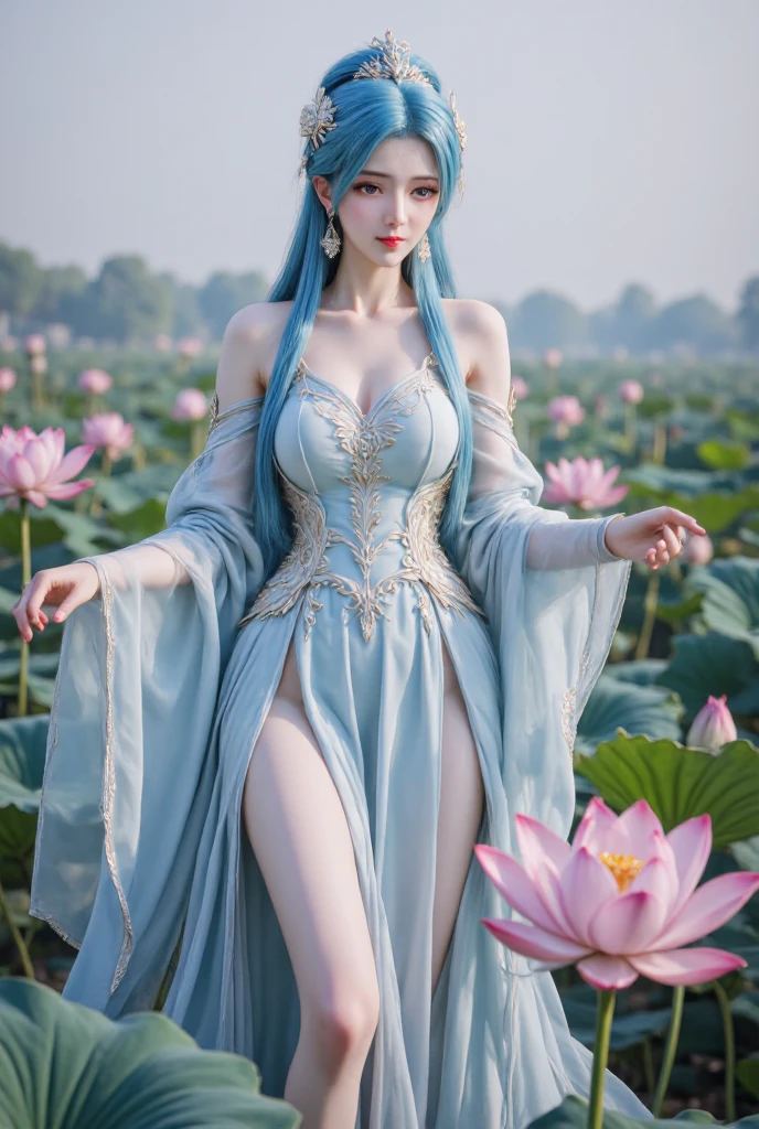 (masterpiece, best quality:1.2), 1girl, 独奏, ((off shoulder clothes)), In the depths of Wonderland,The moonlight falls like water,foggy room,The figure of the heroine is vaguely visible,Just like the fairy in the painting,Slender sexy legs,Very nice legs,Leaking sexy legs,Big breasts,Beautiful with a hint of mystery。Her face is beautiful and delicate,Like finely carved jade,Showing otherworldly beauty。The eyebrows are picturesque,The waves in my eyes are like twinkling stars,Show the light of perseverance and wisdom。The bridge of the nose is straight,Lip color like cherry,The slightly raised corners of the mouth reveal confidence and calmness。Her face is well defined,The skin is as fair as jade,Reveals a healthy glow,Just like a fairy, she never eats fireworks in the world。Her makeup is light and delicate,Not too much embellishment,But enough to show her temperament and charm。Light-colored foundation brings out the transparency of the skin,A light eyebrow pencil outlines her perfect eyebrow shape,Eye makeup is eye shadow and eyeliner,Make her eyes brighter and more energetic。Lips painted with grace lipstick,Adds a bit of charm and sophistication。Her clothes are graceful and chic,Clothes flutter,It seems like it will be blown up by the wind at any time,drifting into the distance。Without losing grace,Also showed her extraordinary skills。Rocking with her movements。Her hair is tied back casually,Secure it with a hosta,A few strands of hair are fluttering gently in the wind,Adds a bit of softness。Her figure is looming in the fairyland,宛如一道big breastsbeautiful的风景线,attracted everyone's attention。She seems to be a fairy in wonderland,big breastsbeautiful、grace、mystery、and full of power。