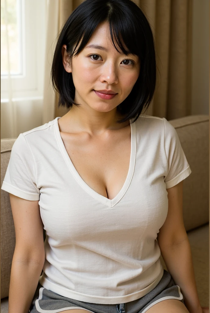 ((best quality)), ((masterpiece)), (detailed), A 42 year old beautiful asian face, white skin, shouder hair, sagging breasts, dark brown nipples, big areolas, belly, wearing shorts paints, full body sitting, front, portrait, cinematic light, HDR10