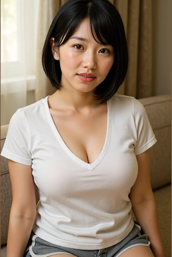((top-quality, 8K, masterpiece:1.3)), Photorealsitic, sharp focus, high-level image quality, high resolution, Portrait, full bodyesbian, Solo, 1 milf, soft large breasts with drooping, japanes, Middle-aged woman, Beautie, Clothes with a view of cleavage, 43 yeas old, Plump, Wavy Hair, wearing snug white shirts, snug short pants, Wrinkles at the corners of the eyes, open one's legs, Sit on dirty stairs, dark backgrounds, pumps、nobody office,