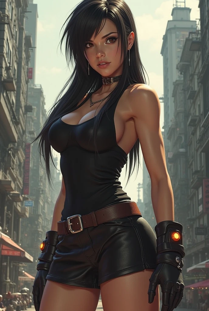 Tifa lockhart, tifa_lockhart, ff7, sultry face, (white tank top:1.2), black miniskirt, (black long hair), hair bangs (red eyes:1.3) long eyelashes, beautiful red eyes with brightness, surrealism, shadow, stereogram, (photorealistic, realistic: 1.2), POV, atmospheric perspective, cinematic lighting, ray tracing, 8k, super detail, best quality, masterpiece, well detailed, (Canan EOS R6, 135mm, 1/1250s, f/2.8, ISO 400:0.9), cyberpunk, neon, neon signs, ramen shops, (huge breasts:1.5) red gloves --auto --s2