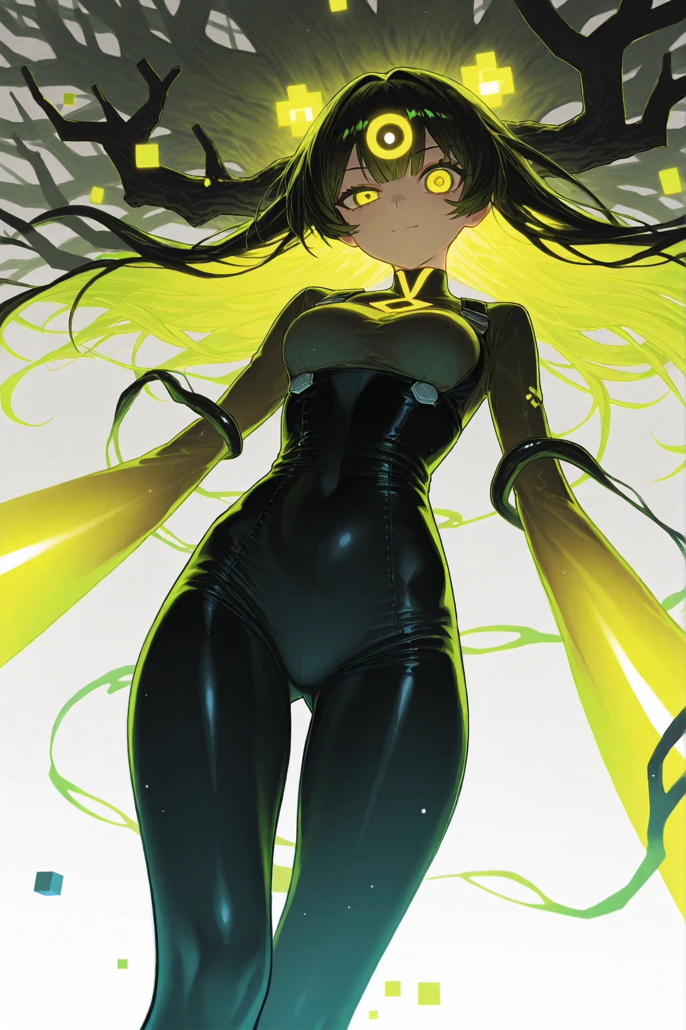closed eyes, masterpiece, best quality, misaki’s erotic transformation, embarrassed, amazed, surprised, misaki’s erotic gorgeous magical transformation, cowboy shot, masterpiece, best quality, highres, a glowing nude girl flying in the green luminous cybernetic background, background, ((((glowing body, glowing skin)))), ((((glowing nude, glowing nude_only)))), misaki tobisawa, 1girl, teenager, model, black hair, glossy hair, straight hair, large breasts, medium hips,misaki,misakiao,