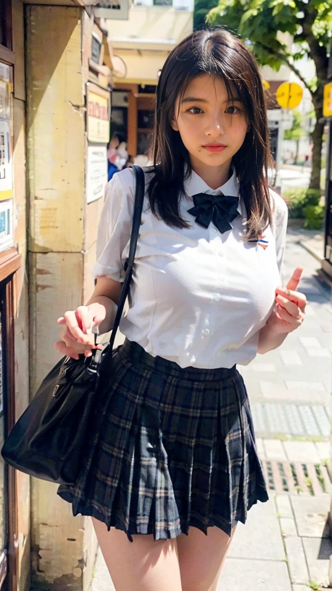 1 girls, nsfw, Japaneses, age 14, short hair, smile, learge breasts, huge breasts, underboob, cleavage, wearing schooluniform, short sleeve, sailor style uniform, mini skirt, black skirt, pink ribbon hairband, Tokyo city, busy downtown, crowded bussiness district, outdoors, standing pose, from dynamic angle, city walk road, cityscape, nsfw,