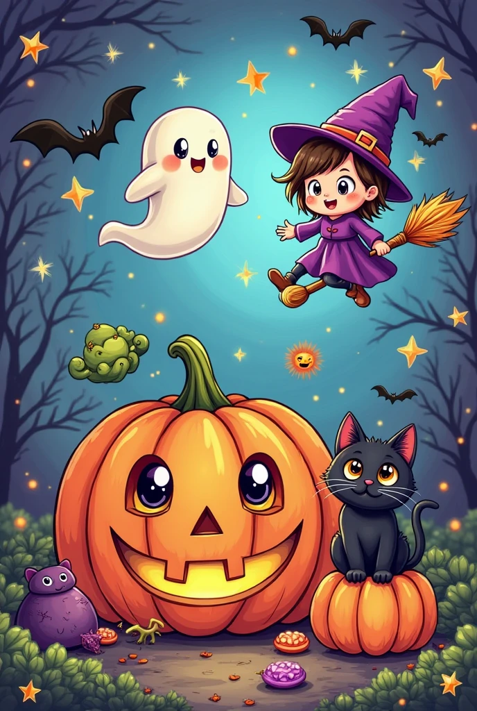 halloween, cute halloween, cartoon style, Coloring baby Sharp thick lines. kawaii, simple and low details, Trick-or-treat, colorido de halloween