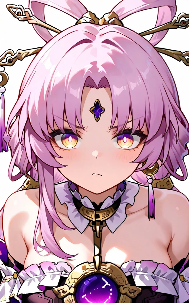 frankenstein_fgo, horns, single_horn, mechanical_horns, pink_hair, short_hair, blue_eyes, veil, breasts, yellow_eyes, heterochromia, hair_over_one_eye, hair_ornament