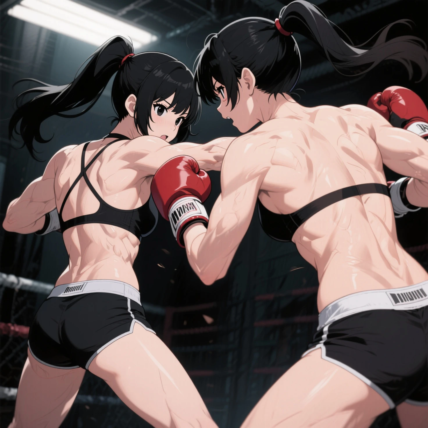 A hand-to-hand battle between two beautiful female mixed martial artists。Attacking opponents with powerful kicks and punches。Exchanging blows inside the Octagon。Rivals。black hair。desperate look。sweaty。Full of scars。Shortness of breath with open mouth。Outstanding proportions。Toned Body。open finger gloves。sports bra。High leg bikini shorts。