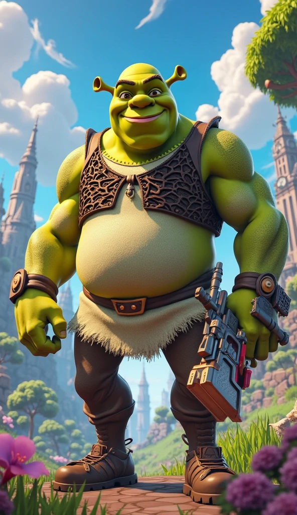 Shrek's donkey and shrek sitting next to a campfire