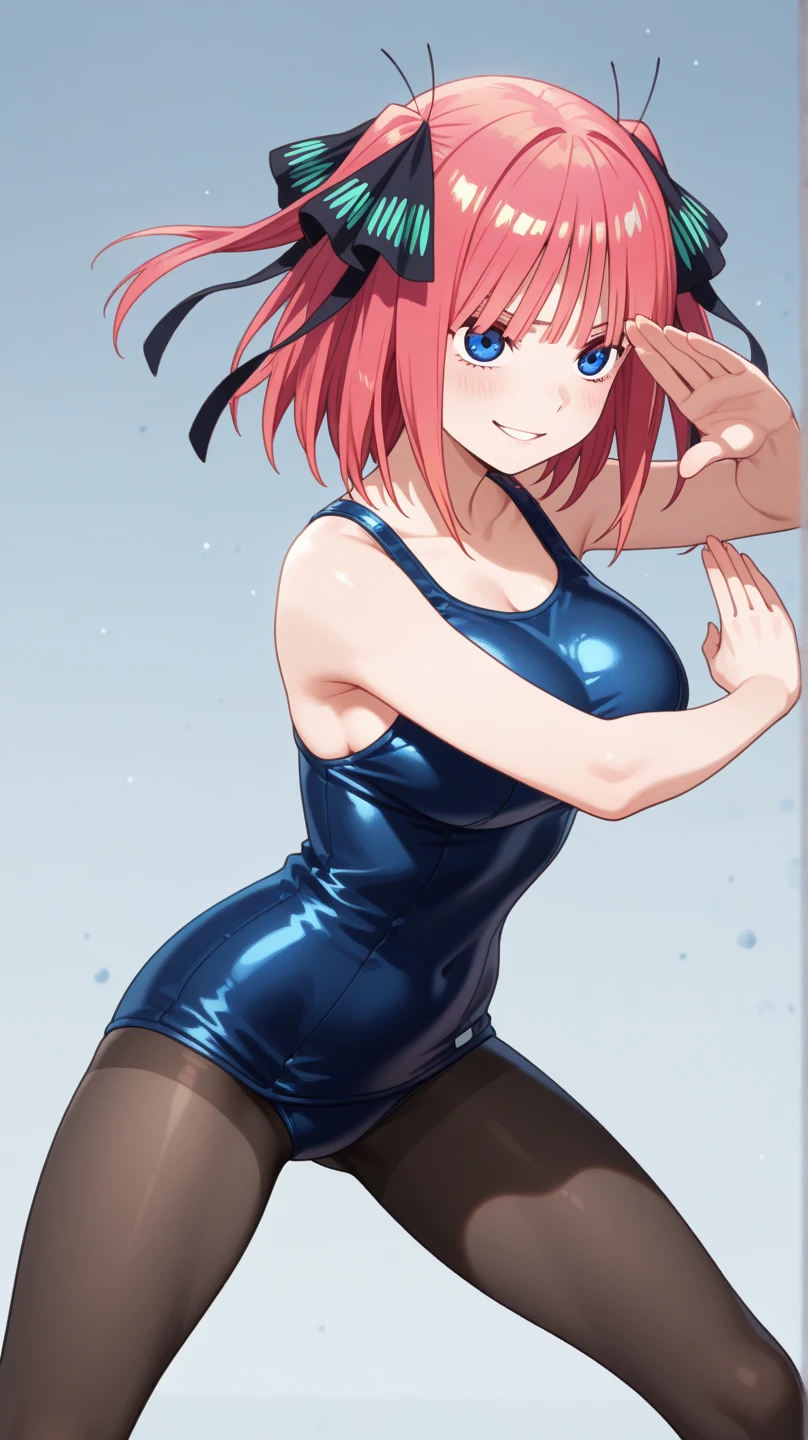 High resolution, (masterpiece: 1.4), Super detailed, (1 female: 1.3), (alone: 1.4), firework, short bob, think back, Close ~ eyes, smile, light, Makoto Shinkai style,Ultra-fine illustration, Bright colors, cinematic light, exciting light production, attention to detail, Bright colors, Large lateral breasts, think back, Happy, smile, from below,anime art style, cute characters, nino nakano, one-piece swimsuit, large breasts, pantyhose