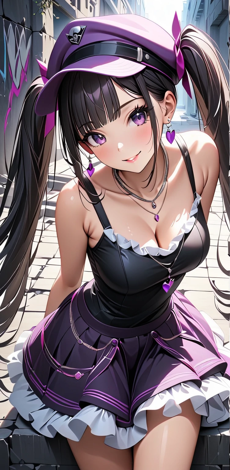  (Beautiful Girl : 1.3),1 girl,(black and purple punk fashion,hat,frilly skirt,earring,Necklace),dark haired,twin tails,bad smile,Concrete Ruins,crack,Lots of spray graffiti,sexy pose,masterpiece,Highest Quality,Rich Contrasts,High Definition,8k,High Definition CG Unit Wallpaper,Textures,unbelievably absurd,RAW pictures,Deep Border 1 .2,Highly detailed 