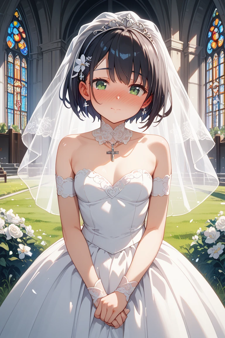 ((best quality)), ((masterpiece)), (detailed), perfect face, ((Best quality, 8k, Masterpiece: 1.3)), Sharp focus A beautiful woman, Highly detailed face and skin texture, Detailed eyes, Double eyelid, Black hair, short hair, flower hair accessory, white wedding dress, cowboy shot, church