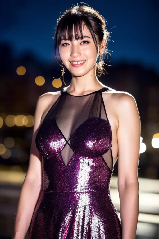1girl, (wearing a glittery evening dress:1.8),(RAW photo, best quality), (realistic, photo-realistic:1.4), masterpiece, an extremely delicate and beautiful, extremely detailed, 2k wallpaper, Amazing, finely detail, extremely detailed CG unity 8k wallpaper, ultra-detailed, highres, soft light, beautiful detailed girl, extremely detailed eyes and face, beautiful detailed nose, beautiful detailed eyes,cinematic lighting,(in the city at night:2.0),(night city view:1.8),perfect anatomy,(slender body:2.0),(laughing:1.4),(close up:1.8),(open eyes:1.4),(look at viewer),(front view:1.0),(young japanese idol:1.8),cinematic angle,(wavy hair), (brown eyes:1.8),(standing:2.0), (cleavage:1.2), <lora:yamakitasaki_lora-01:0.8>