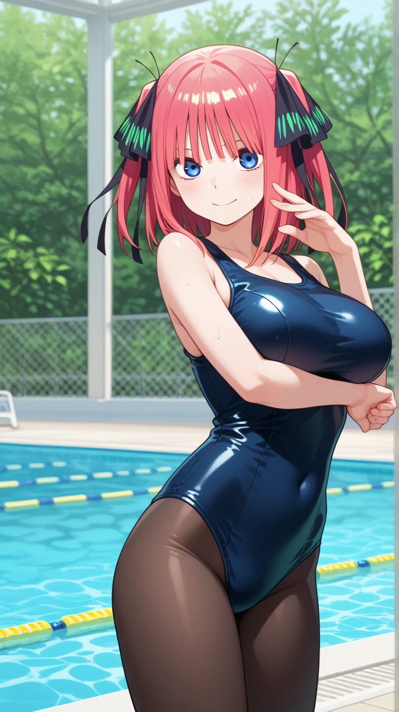 best quality, insanely detailed, nino nakano, one piece swimsuit, school swimsuit, breasts, blush, swimming pool background, back style