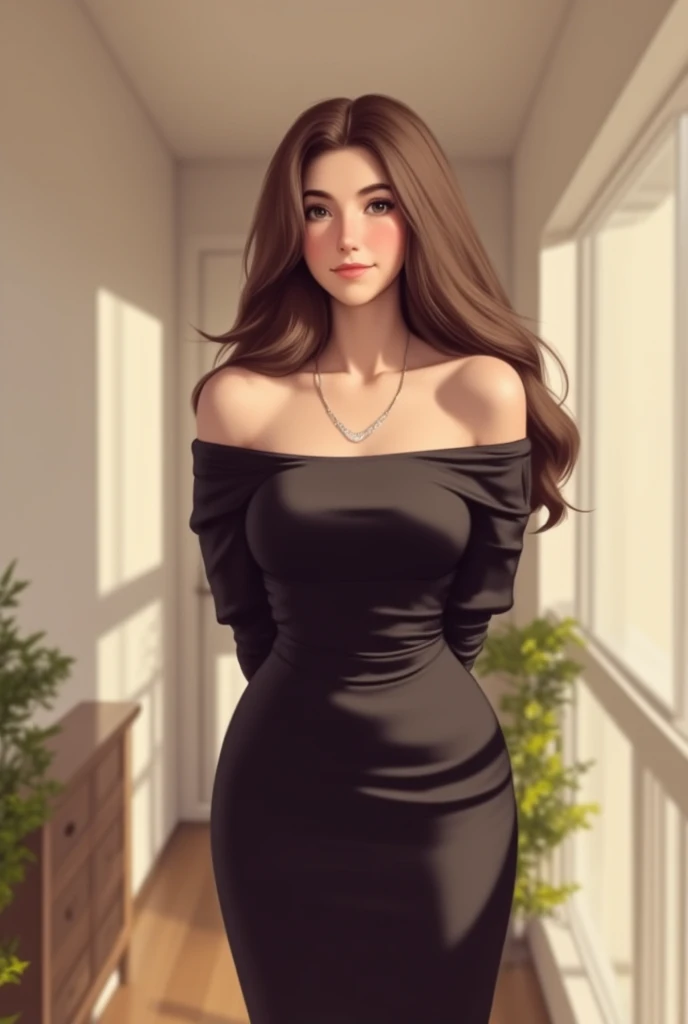Ultra detailed photography of a beautiful young woman. She is a brunette with hazel eyes wearing a black dress. She is smiling. In the background you can see a night sky with a full moon.
