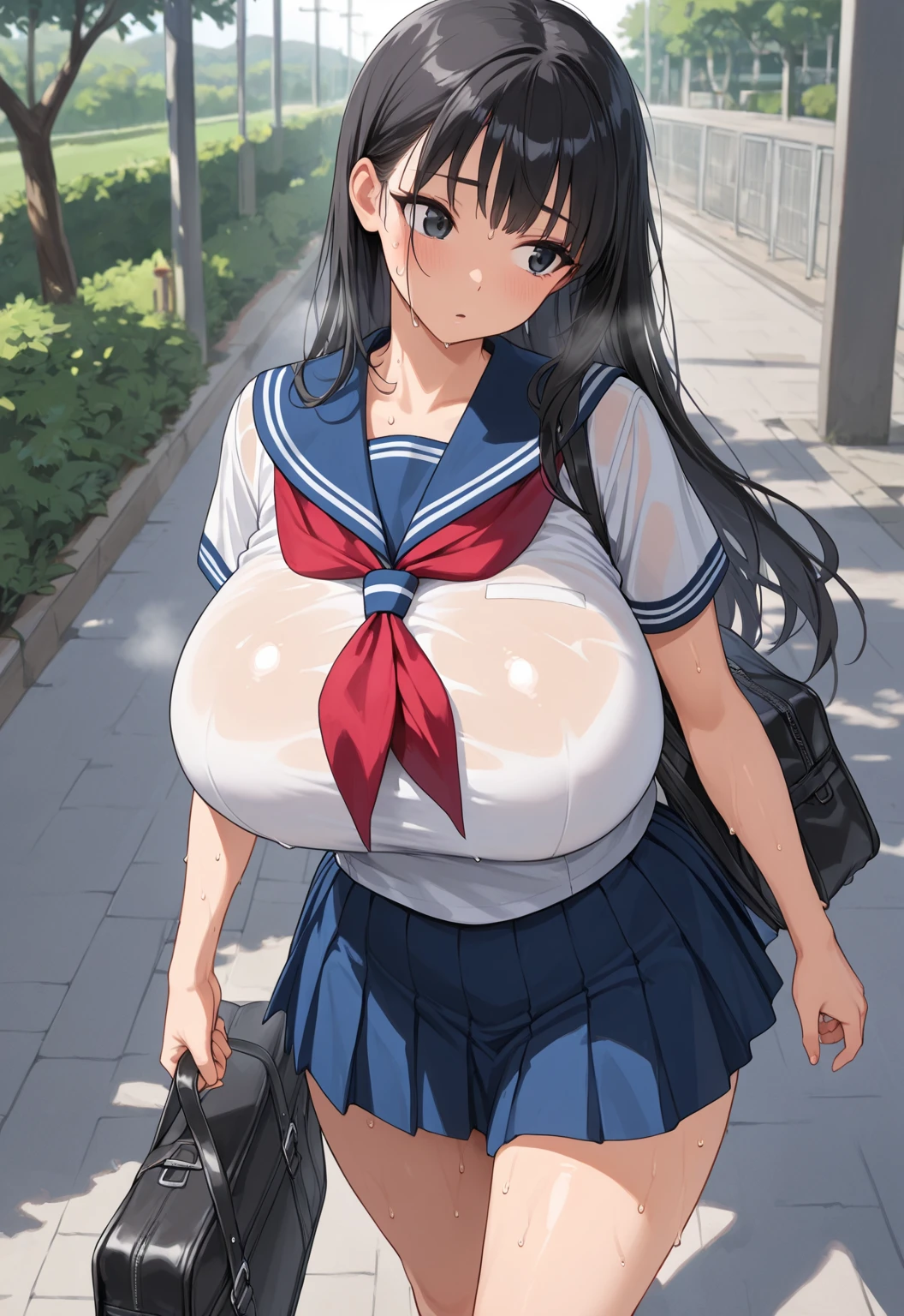 Score_9, score_8_up, score_7_up, score_6_up, score_5_up, score_4_up, source_anime, cute girl, detailed eye, sailor uniform, sleeveless, ponytail, sagging gigantic huge biggest breasts, huge dark areolae, areola slip, dark nipple, hairy stomach hair, hairy armpit hair, Japanese, cute Japanese, midriff-baring, sweating, heart mark words, in train, delivery atmosphere, wide hip, tanned skin, cum shot, blushing smile, handjob, penis, hand down, 