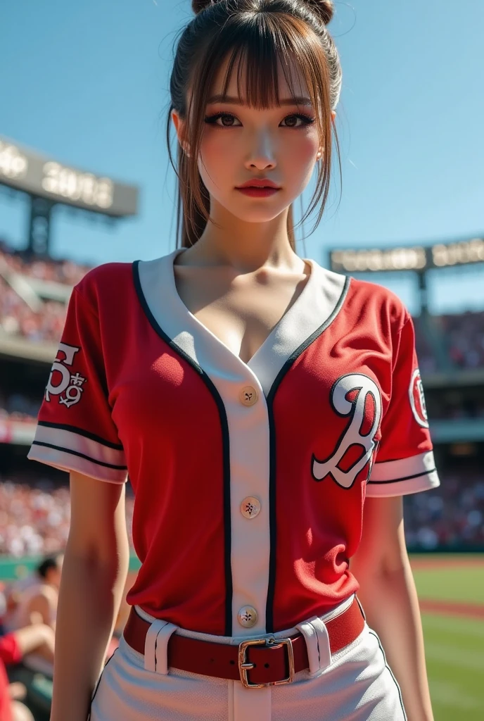 realistic, Highly Detailed, 8K, High quality RAW color photos, professional photography, 1girl, 어린 and cute, big bust, half exposed chest, (cleavage of breasts:1.2), sexy, (fair face:1.2), (long hair blowing in the wind:1.2), huge baseball field, Baseball cap, SHORT Baseball Uniforms, Pitcher, v-neck open, night, Night time, Night time verse, night 하늘,