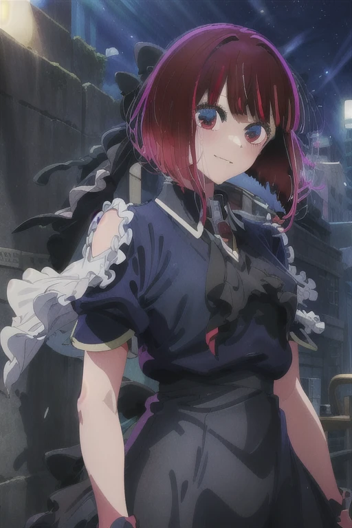 masterpiece, best quality, highres, looking at viewer, aakana, aakana, short hair, beret, red eyes, blue headwear, red bowtie, collared shirt, blue jacket, open jacket, long sleeves, grey skirt, smile, open mouth, standing, leaning forward, arms behind back, outdoors, cherry blossoms,