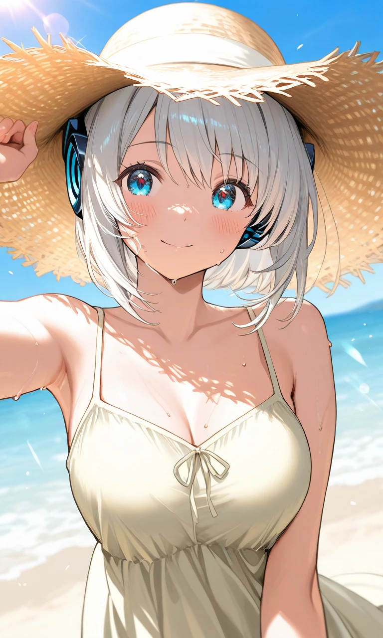 a cute character、 in a Straw Hat Holds the Marbles to the Sun、Staring at Marbles with Beautiful Eyes、 Gapless Face、white hair、Airy Short Bob、Light Yellow Camisole、Sweat drips on the face、Sunlight Reflects on Marbles、Lens Flare、Focus on a Girl's Face and Hands、Exhilarating Colors Inspired by Summer、Nostalgic Atmosphere、high definitionなアニメイラスト、High Quality、High Definition、masterpiece、Best Details、high definition、4k、8k