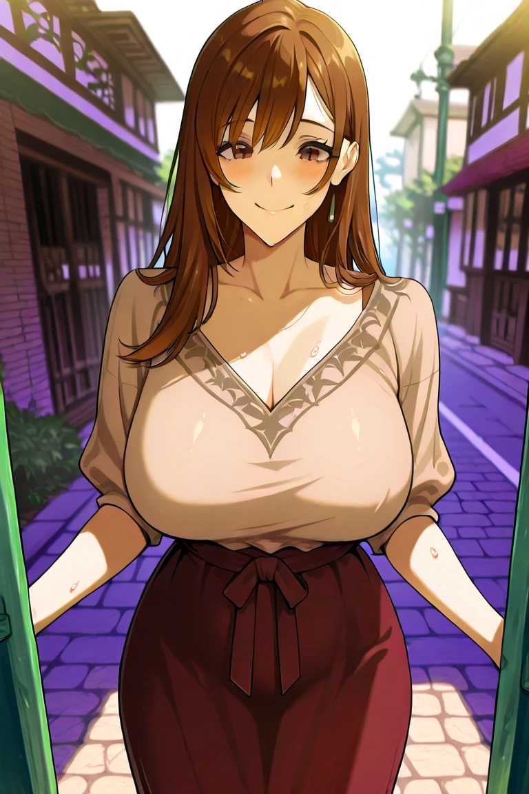 masterpiece,ultra detailed,hyperrealistic1woman,off-the -shoulder short blouse,plain blouse,patterned skirt,medium long skirt,at tokyo,curvy body,medium tied up hair,brown hair,(tareme),mature cheerful woman,green eyes,