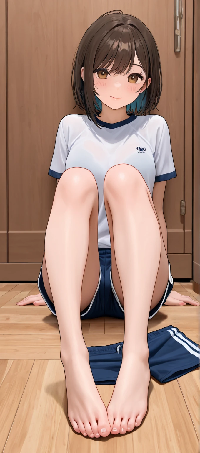 1girl(kuroko shirai), solo, big breasts, looking at viewer, blush, bangs, shirt, underwear, brown hair, purple eyes, white shirt, short sleeves, sweat, big breasts, shoes, teeth, socks, shiny, indoors, spread legs, hair bun, shiny hair, wet, kneehighs, embarrassed, from below, squatting, single hair bun, white socks, clenched teeth, sneakers, wet clothes, gym uniform, buruma, blue footwear, single side bun, peeing, pee, gym shirt, blue buruma, puddle, peeing self, shirai kuroko