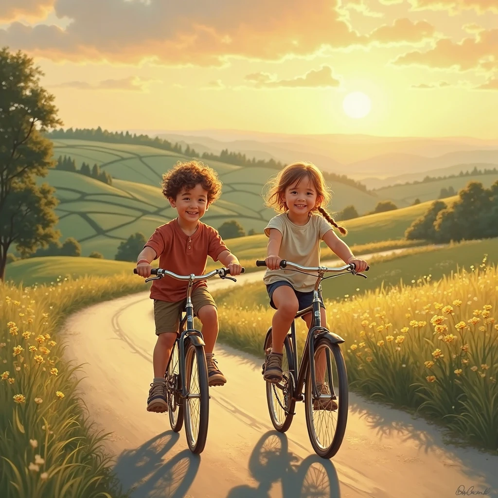 (photorealism:1.2), a boy and a girl, cycling, village, road, surrounded by hills, trees, nice weather realistic, intricate details, warm colors, by Greg Rutkowski, by Alphonse Mucha