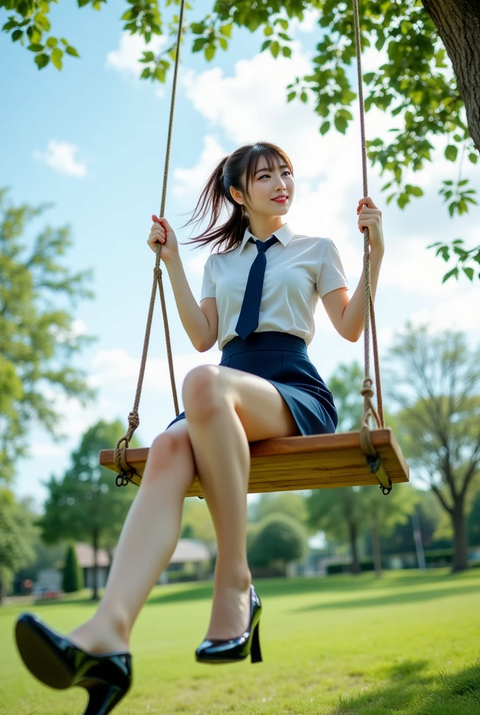 Black hair girl with red locks, smoking sitting on a swing on a cloudy day