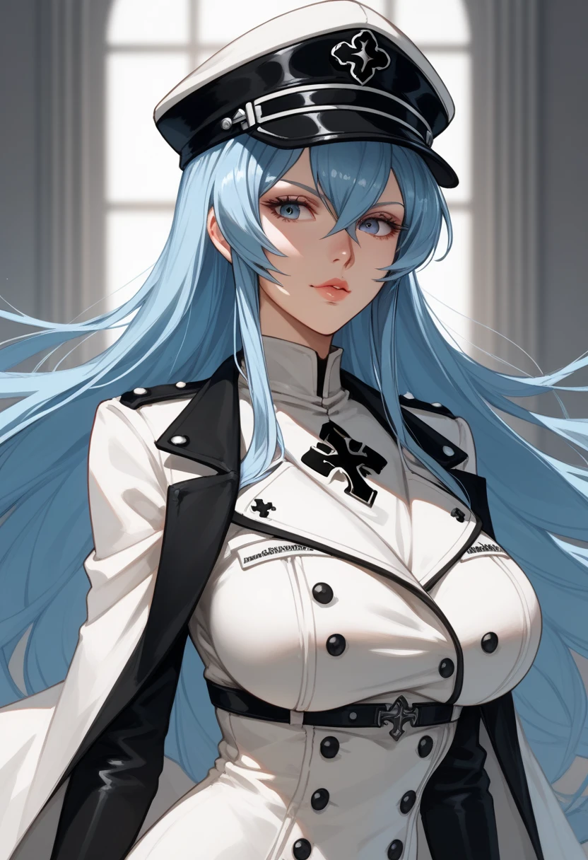 (masterpiece, best quality), intricate details,
1girl, Marianne, blue hair, brown eyes, long hair, hat, peaked cap, military, uniform, military uniform, choker, thighhighs, boots, thigh boots, white footwear, chest tattoo,