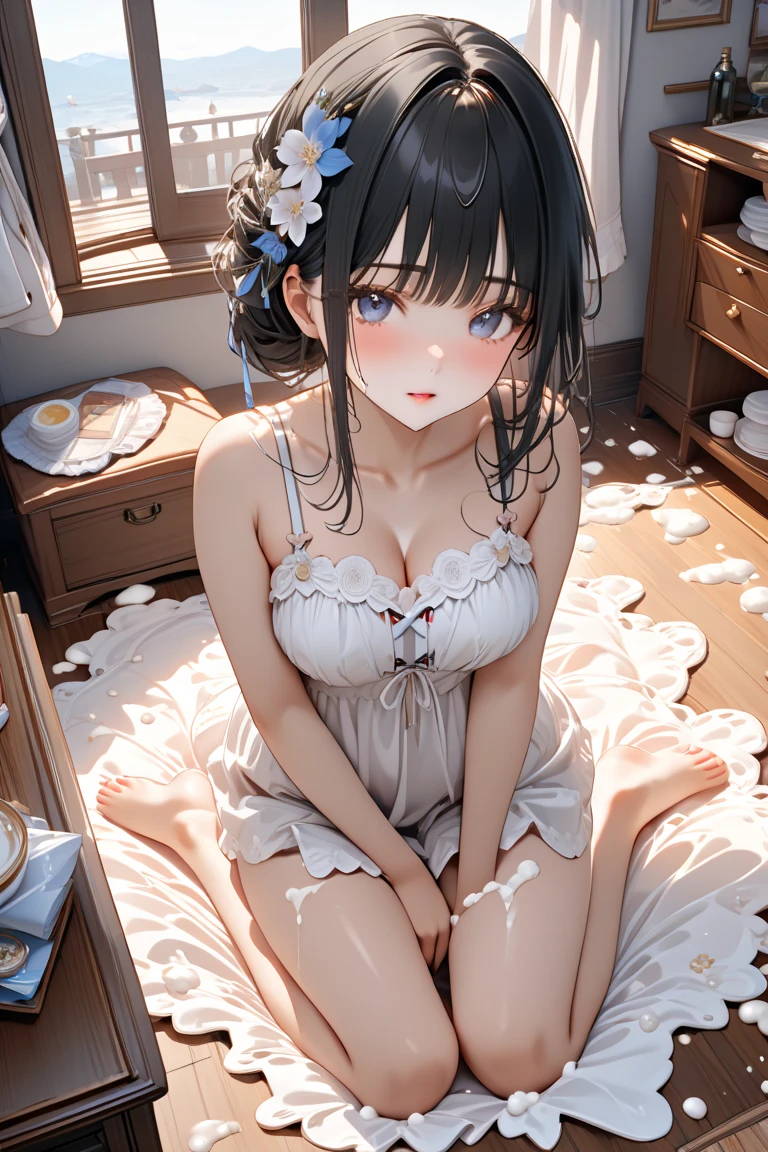 masterpiece, highest quality, One Girl, Thighs, beautiful girl, Flowers, たくさんの小さなflowerびら, flower、Small waist, RAWphotograph,Bright lighting、Face Light, Ultra-realistic, High resolution, photograph, Sharp focus, Highly detailed eyes and face,Symmetrical face, whole body、Large Breasts、Long Hair、チラリと見えるThighs、Cleavage、Red Micro andals、White lace shirt、Sleeveless、Her hair was tied with a big red ribbon、White high heels、After bath、Public bath、White shorts are visible