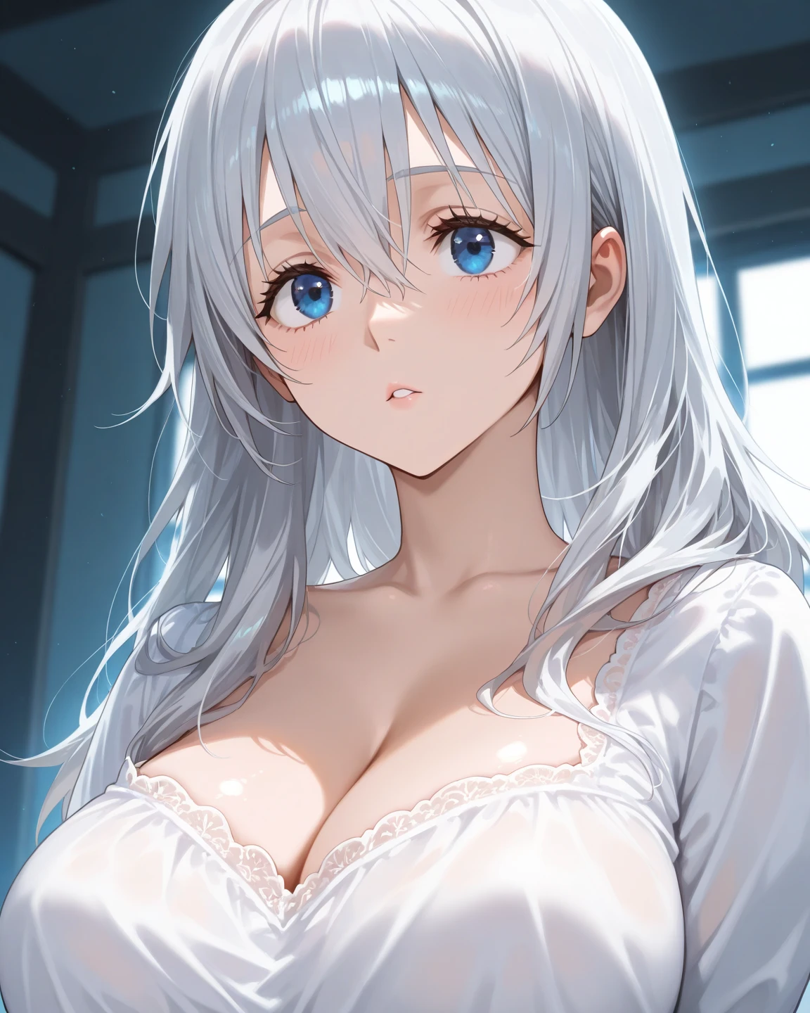 Yukino, in bed, silver hair and blue eyes, white shirt and no bra, anime visual of a cute girl, screenshot from the anime film, & her expression is solemn, in the anime film, in an anime, anime visual of a young woman, she has a cute expressive face, still from anime, big breast, red cheek, lustful face, fair skin