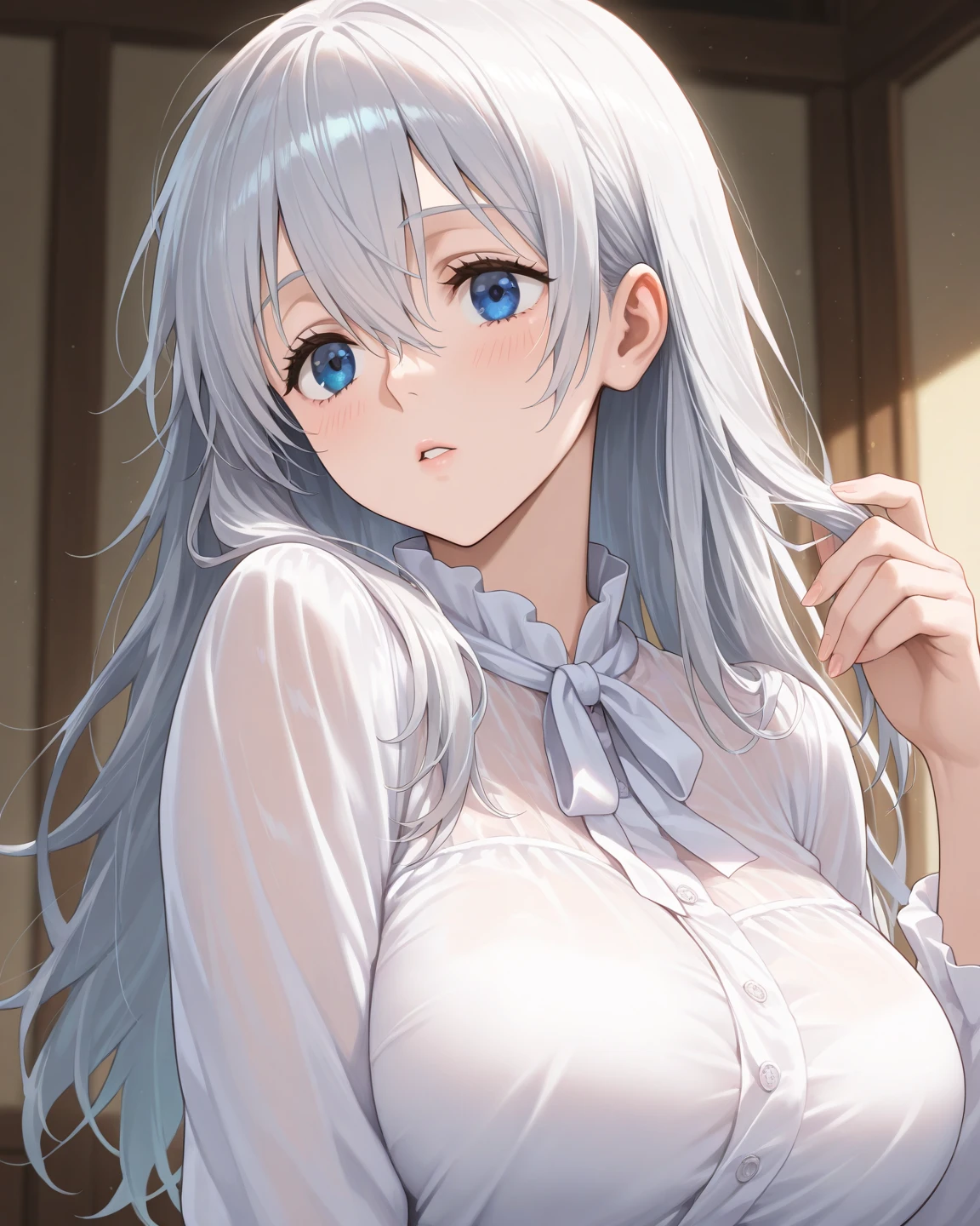 1 Girl, Solitary, Long hair, shirt, white shirt, Bangs, Upper Body, earrings,  jewelry, white hair, Shut up、Look ahead, big breasts 