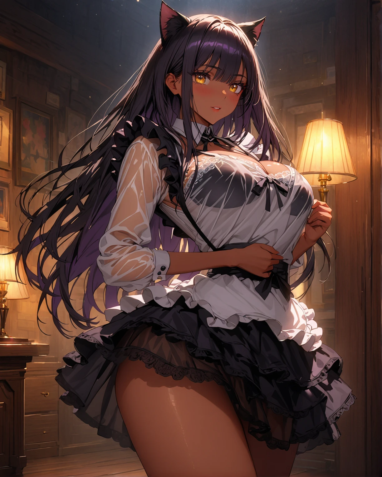 (Girl),(anime),(Young),(super beautiful),(African American style super black skin color),(brown eyes),(hot),(long purple hair),(slender slim body with physical attributes like big boobs with bust size 230 cm in Length),(sexy ass),(structured body),(super hot),(Wearing),+,(This adorable yet eye-catching outfit features a little pink dress adorned with soft, fluffy ears that seem to peer curiously over the kitten's shoulders. Delicate lace trims frame the neckline and hem, gently accentuating the curves below. The skirt bounces playfully with each step, revealing sheer satin panties that hint at sweet secret surprises below. Glittery paw-shaped cuffs complete the look, beckoning gentle hands to explore and appreciate this stunning feline fantasy. Prepare to surrender to the whimsy of this sensual feline creation.)