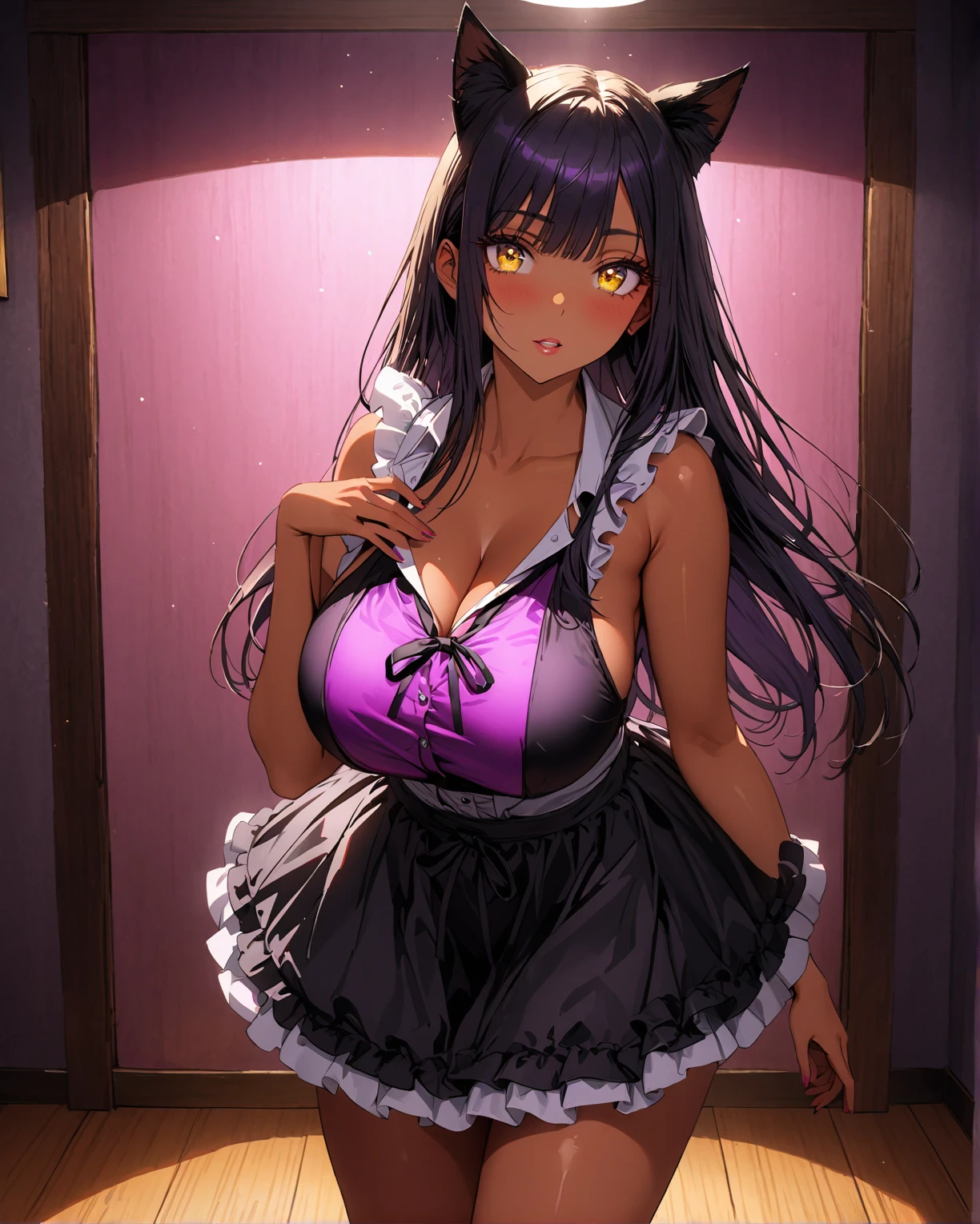 (isabe),(1 girl),(pretty:1.5),(Super hot:1.5),(dark skin:2.0),(Long dark purple hair and dark purple eyes),(Super mega ????????????????:1.5), (Height 1.76),(beautiful young woman),(super handsome 18 year old teenager),(Wearing),+,(\dressed as a maid, and maid's outfit and super revealing on the back, I lowered the short skirt a lot, showing the legs, and a little of her panties, and the part of the apron at the back of the skirt is very low, showing her delicious ????????, and over the maid uniform it looks like a very short and ?????? bra, and she has a big ??? and super ???????????, she is super busty and has very big ????????)/