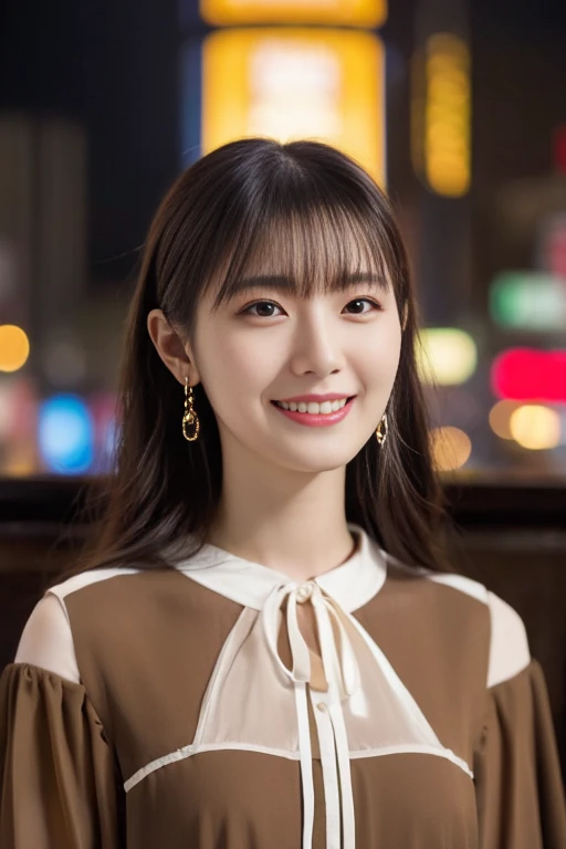(8k、RAW Photos、Highest quality、masterpiece:1.2)、(Realistic、Photorealistic:1.37)、Ultra-detailed、Ultra-high resolution、1 fair-skinned girl、Beautifully detailed face、On the street、Whole Body Ezbian、ponytail、Handbags、cardigan、flare skirt、(Glowing Earrings)、Laughter