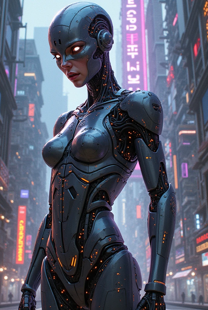 slim cyborg fighter, left side, metallic skin, beautiful face, drones flying in a futuristic landscape, city skyline with drones, foggy streets, cyberpunk, cypunk, , drones, robots, dark fantasy, intricate, elegant, highly detailed, digital painting, artstation, concept art, smooth, sharp focus, realistic, concept art, detailed, volumetric, vibrant color scheme, rule of thirds, super detailed, 8k, cosmic horror painting, elegant intricate digital painting artstation concept art by mark brooks and brad kunkle, art by artgerm and greg rutkowski and alphonse