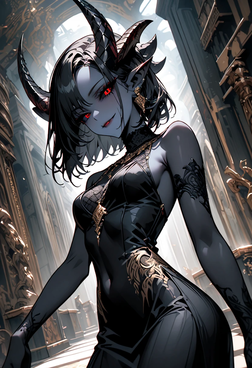 1girl, horror, (dark grey skin:1.5), true white long ponytail, ((perfect red eyes)), pointed ears, earrings, highly detailed mechanical horns, (small breasts), ((black gothic prom dress)), wearing black fur cloak, bone armor, skull armor, volumetric lighting, ethereal fog, dark background, ultrasharp, best quality, masterpiece, realistic, anatomically correct, (strong cinematic lighting), ((rim lighting)), stunning details, intricate details, 8k post-production, high resolution, super details, sharp focus, depth of field f/1.8, studio photos, (((looking at camera)))