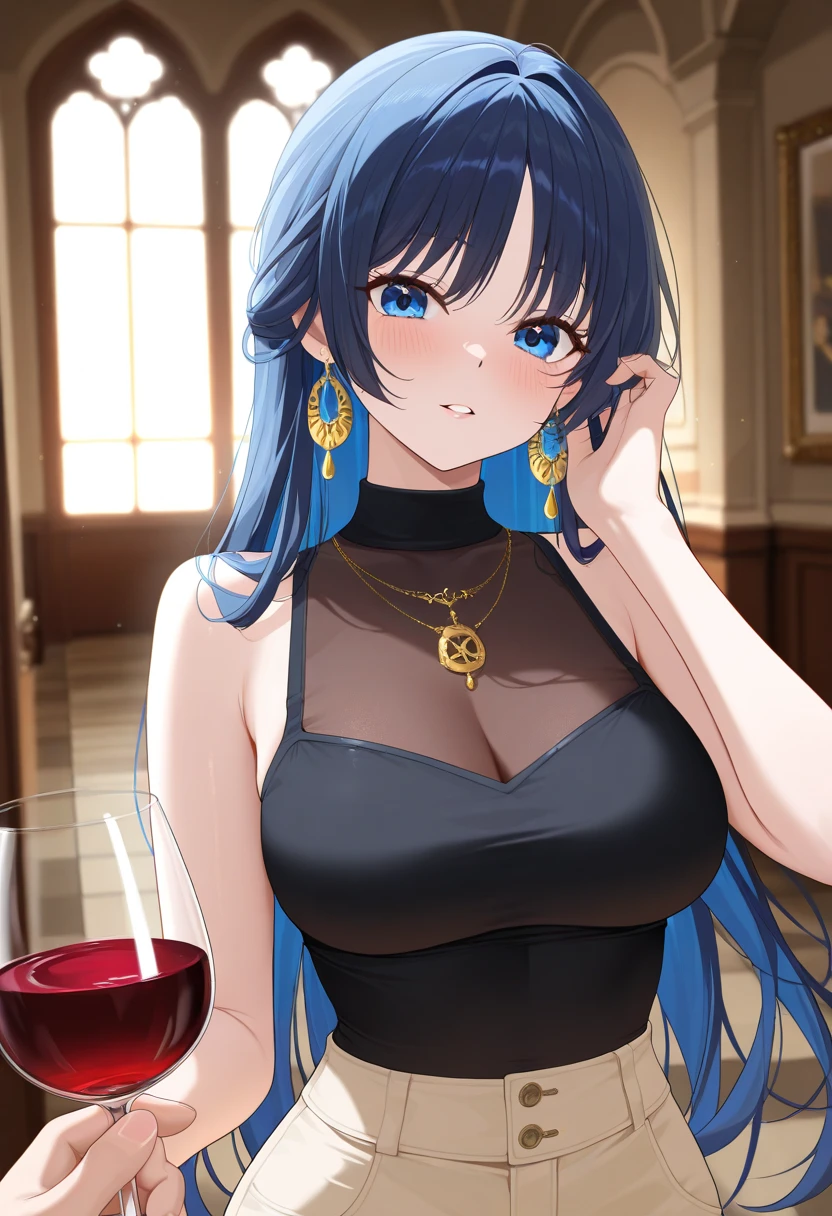 Rinoa, Blue Duster, Blue wristband, Half body, smile, Holding a necklace, an unparalleled masterpiece, Ultra-realistic 8k CG, perfect artwork, seductive posture, sexy pose, attractive, clean, beautiful face, pure face, white skin, intricate details, Prestige, nice, luxury, Fancy Ballroom