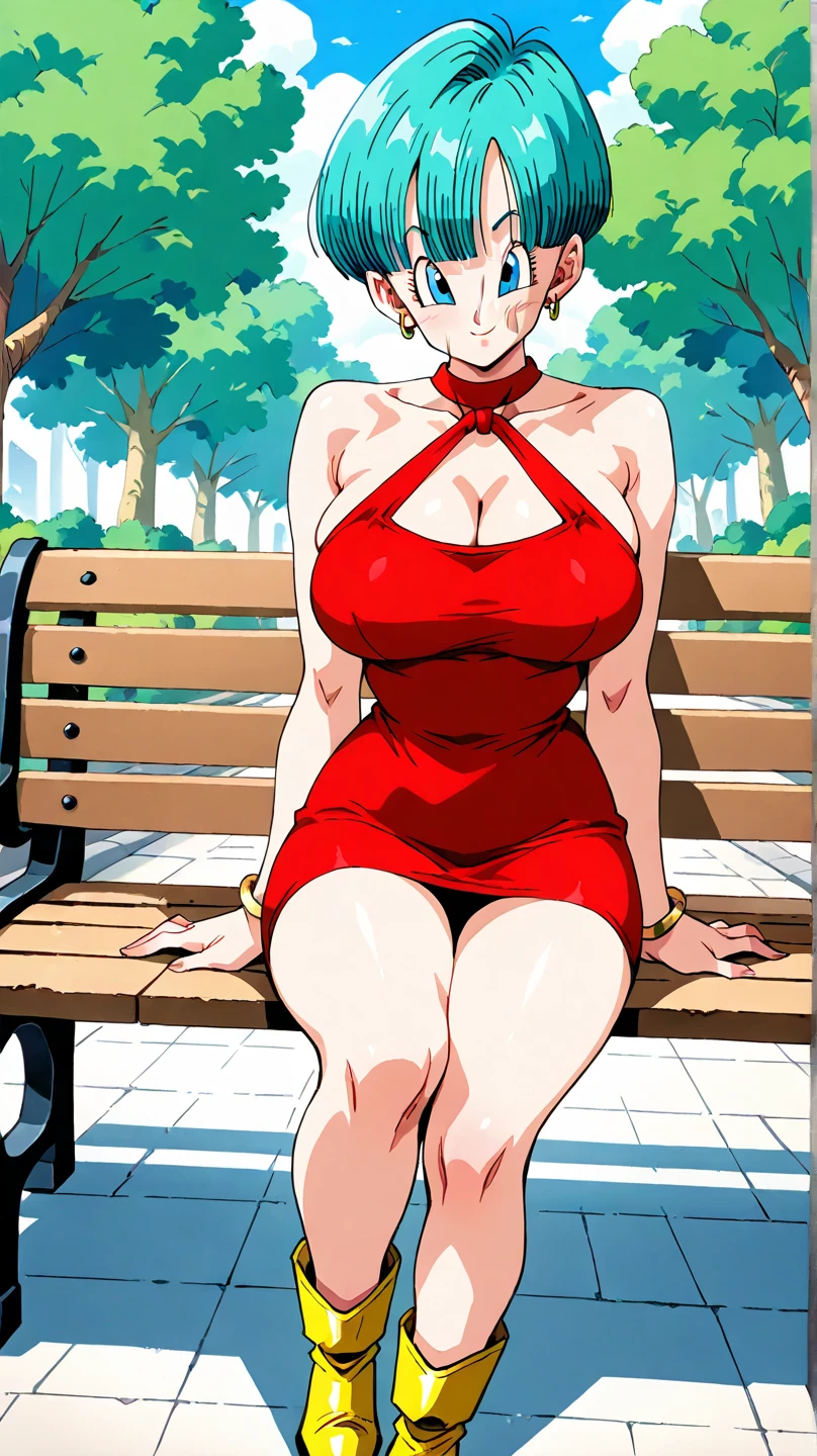 Art masterpiece,  green hair girl, beautiful and perfectly detailed face with blue eyes smooth skin, slim and curvy body big round tits with thin waist wide hips legs spread shy smile, and wooden finish crossbar and environments with natural light 