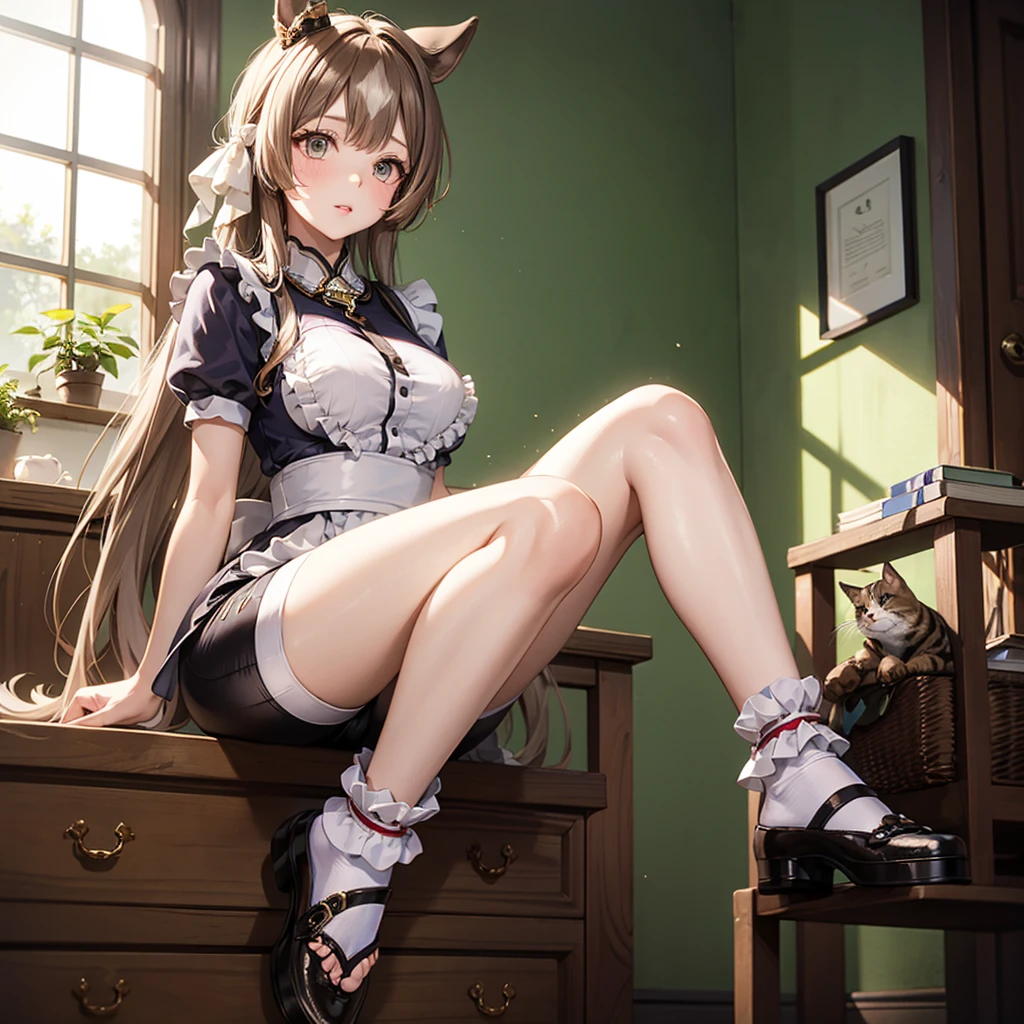 Anime girl with cat ears sitting on the floor of the room, Fine details. girls' frontline, from girls frontline, pixiv 3dcg, very detailed Artgerm, art of kirokaze pixel, Top Rated on pixiv, at pixiv, Kantai Collection Style, Mikudayo, small curvy loli, popular on pixiv