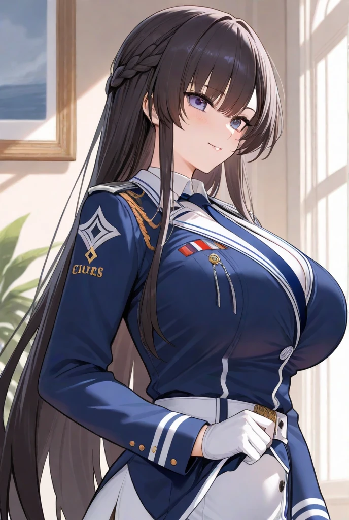 (masterpiece, best quality, RAW photo, intricate details) portrait, head and shoulders, 1girl / Atago / medium dark hair, blues eyes, cat ears, large breasts, curvaceous, (wearing white admirals uniform), seaport background, blue sky, Azur lane, catgirl, admiralty, medals, academy, military, marine, navy